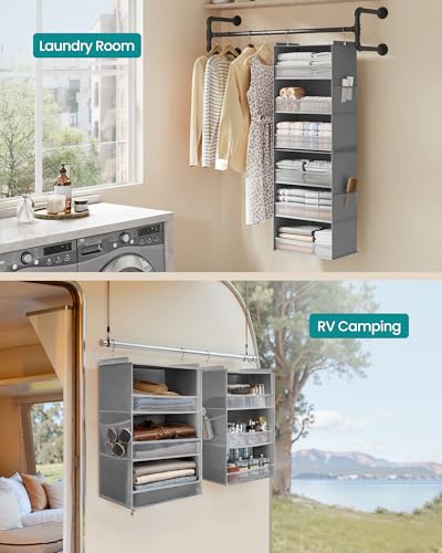 SONGMICS Hanging Closet Organizer, 6-Tier Fabric Storage Shelf, Separable Closet Hanging Shelf with Side Pockets, Foldable, Metal Hooks and Bamboo Inserts, Dove Gray URCH007G01