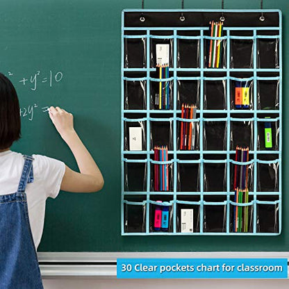 KEEPJOY Classroom Pocket Chart Organizer,Cell Phones Calculator Holder for Classroom Storage, Hanging Wall Door Calculator Phone Caddy for Classroom. (30 Pockets-Black)