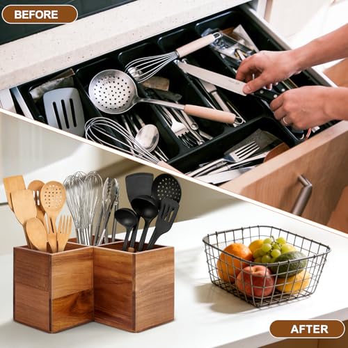 Extra Large Corner Utensil Holder with 3 Compartme... (Natural | Acacia Wood)