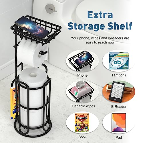 [Upgrade] Toilet Paper Holder Stand with Shelf Tissue Holders for Bathroom Free Standing Bath Tissue Roll Holder Magazine Rack for Mega Rolls/Phone/Wipe-Black