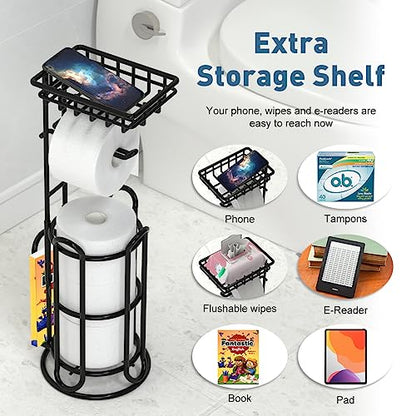 [Upgrade] Toilet Paper Holder Stand with Shelf Tissue Holders for Bathroom Free Standing Bath Tissue Roll Holder Magazine Rack for Mega Rolls/Phone/Wipe-Black
