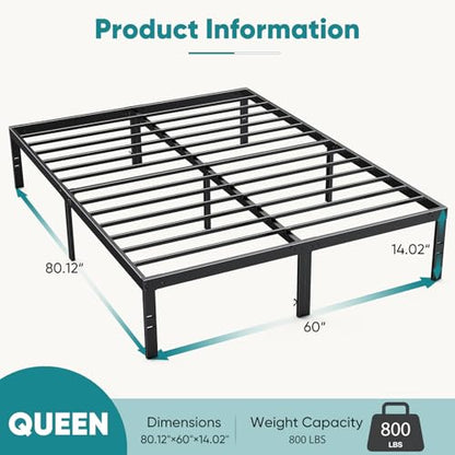 OLIXIS 14In Metal Queen Bed Frame with Storage Space, No Box Spring Needed with Sturdy Steel Slat Support, Heavy Duty and Easy Assembly, Platform Bed for Bedroom, Black