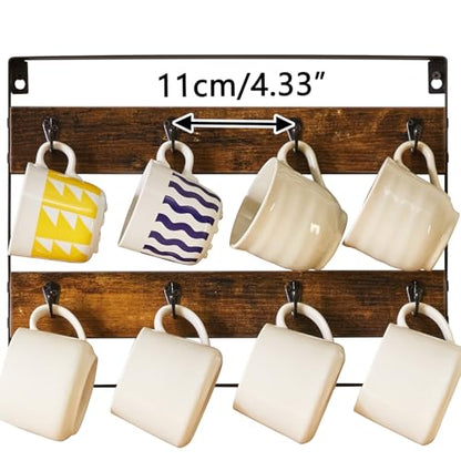 IBUYKE Coffee Mug Holder Wall Mounted,Set of 3,24 Hooks,Brown TBJ005H-3 | Mug Racks for Wall Rustic Wood Coffee Mug Rack Display Organizer for Kitchen Home Bar Coffee Station