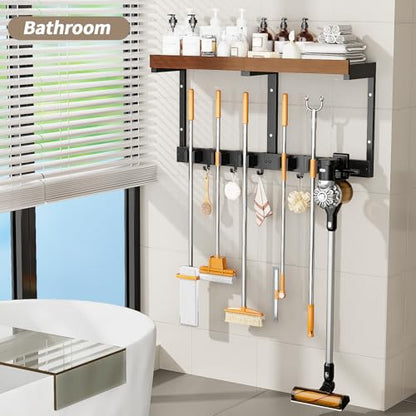 Broom and Mop Organizer Wall Hanging, Broom Hanger Holder Wall Mount | 3-in-1 mop and broom holder wall mount with 5 racks,5 hooks, storage shelf & vacuum organizer for garage,kitchen,laundry room
