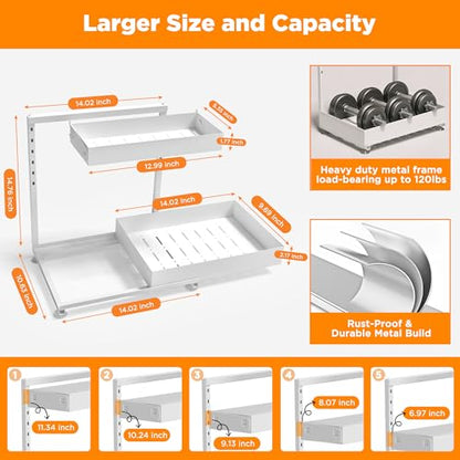 Under Sink Organizer, Bathroom Counter Organizer, 2 Packs 2-Tier Metal, Under Cabinet Storage, Makeup Storage, Adjustable Height & Slide-Out Drawer for Kitchen Bathroom, White