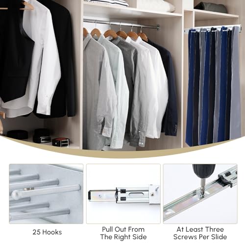 Blulu 2 Pcs 13.8'' Sliding Tie Rack Hangers for Closet, 25 Tie Each, Silver | Includes 2 Silver 13.8 Inch Metal Racks with 25 Hooks Each and 12 Screws; Full-extension Ball-bearing Slides for Easy Access