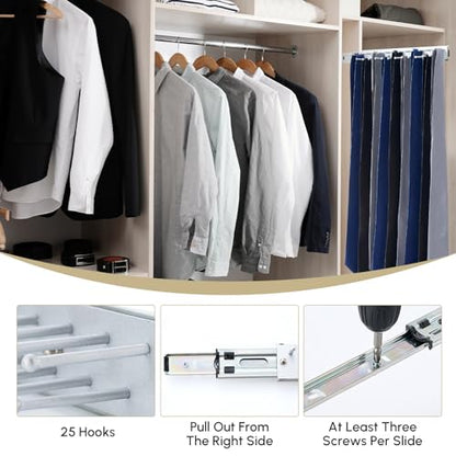 Blulu 2 Pcs 13.8'' Sliding Tie Rack Hangers for Closet, 25 Tie Each, Silver | Includes 2 Silver 13.8 Inch Metal Racks with 25 Hooks Each and 12 Screws; Full-extension Ball-bearing Slides for Easy Access
