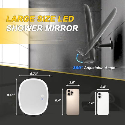 VOCOSTE Shower Mirror Fogless for Shaving with Light 360° Rotation, Black | Rechargeable Heated Anti-Fog Mirror, 3 Colors Lights, Dimmable Brightness, 14Days Runtime, 2 Razor Holders, No-drill Setup