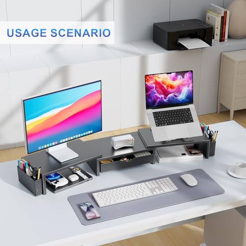gianotter Dual Monitor Stand Riser With Drawer and 2 Pen Holders | Desk Organizer and Accessories Computer Monitor Stand, Desk Shelf for Top of Desk (Black)