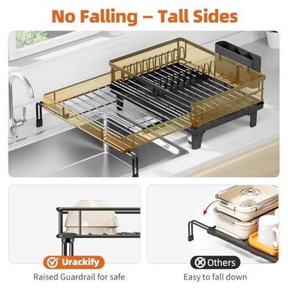 Urackify Expandable Sink Dish Drying Rack for Kitchen Counter, 1-Tier Black | Large Dish Racks, Sink Dish Drainer, Rustproof Dish Strainer with Utensil Holder, 12.3"-20.5" L x 15"W