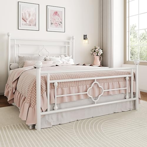 SHA CERLIN 14 Inches Full Size Metal Platform Bed Frame/Vintage Iron-Art Headboard and Footboard/Mattress Foundation for Storage/No Box Spring Needed/Noise-Free/Easy Assembly/White