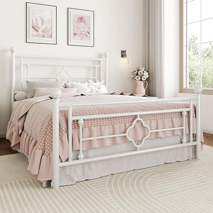SHA CERLIN 14 Inches Full Size Metal Platform Bed Frame/Vintage Iron-Art Headboard and Footboard/Mattress Foundation for Storage/No Box Spring Needed/Noise-Free/Easy Assembly/White