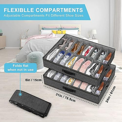 Under Bed Shoe Storage Organizer for Closet, 32 Pairs Sturdy Underbed Shoe Storage Boxes Bins Container Foldable Shoes Storage with Reinforced Handles & Clear Window for College Dorms Grey, Set of 2