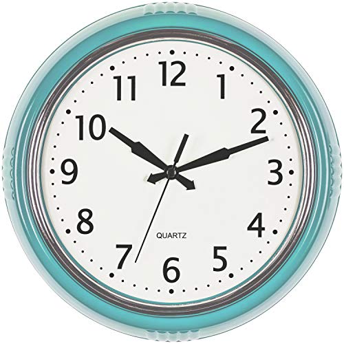 Bernhard Products Retro Wall Clock 9.5 Inch Blue Kitchen 50's Vintage Design Round Silent Non Ticking Battery Operated Quality Quartz Clock (Robin Egg Blue)