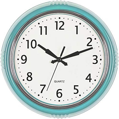 Bernhard Products Retro Wall Clock 9.5 Inch Blue Kitchen 50's Vintage Design Round Silent Non Ticking Battery Operated Quality Quartz Clock (Robin Egg Blue)