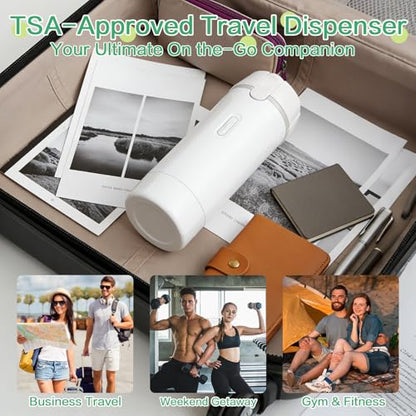 4 in 1 Travel Dispenser Bottle Set, Leakproof TSA Travel Size Containers for Toiletries, Portable Refillable Bottles, Hard Shell Rotating Design with Scale and Labels