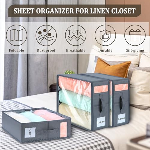 3 Pack Bed Sheet Organizers and Storage, Sheet Storage Foldable Sheet Organizer with Clear PVC, Linen Closet Organizer for Bed Sheets, Duvet Covers, Blankets, Pillowcases, Clothes