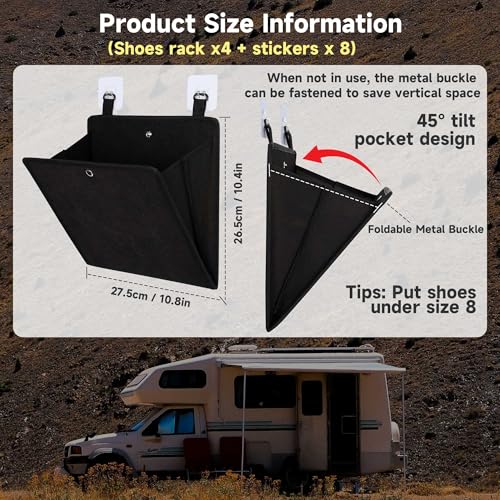 PUGPIU Wall Mounted Camper RV Shoe Rack Hanging Organizer Storage Foldable | Self-Adhesive Rv Shoe Holder - Space Saving for Camper Essential Home Travel with Deep Pocket Fit 1 Pair Shoes Black, 4 Pack