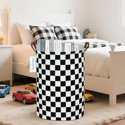 Round Laundry Basket Collapsible Boys Nursery Car Hamper Racing Flag | Waterproof Canvas Foldable Checkered Storage Bin Car Toy Bins Gift Baskets Bedroom Clothes for Home Play Bedroom Gift
