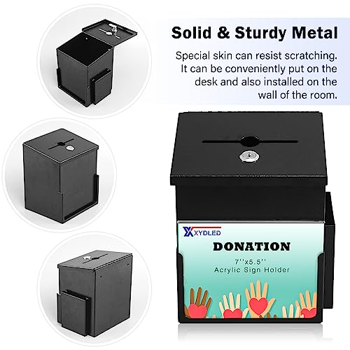 Suggestion Box with Key Lock Acrylic Sign Holder, Metal Donation Ballot Drop Box with Slot Tip Jar for Office, Fundraising, Church, School,8.9''x7.1''x6.3'', Black