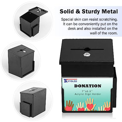 Suggestion Box with Key Lock Acrylic Sign Holder, Metal Donation Ballot Drop Box with Slot Tip Jar for Office, Fundraising, Church, School,8.9''x7.1''x6.3'', Black