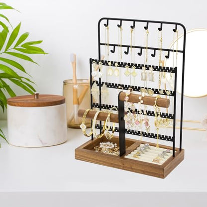 Jewelry Holder Organizer Stand 4-Tier Necklace Stand Earring Holder with Wooden Tray, Jewelry Rack for Bracelets Watches and Rings Display Stand, Gifts for Women & Girls-Black