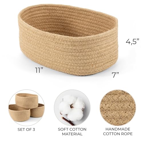 Beautiful Storage Basket Set of 3 - Sturdy Jute Rope Baskets for Shelves Are Perfect for Organizing Your Home - Quality Storage Bins Easily Fit With Any Nursery or Bedroom Decor