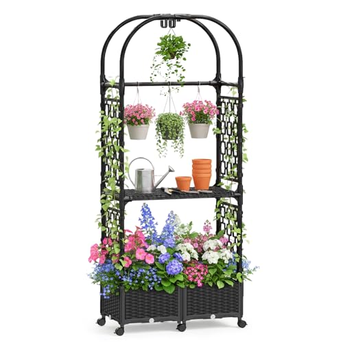 71"x16"x32" Planter Box with Trellis, 3-in-1 Self-Watering Planter Box with Wheels for Patio,Raised Garden Bed with Trellis, Drainage Holes & Metal Storage Rack for Vine Climbing Plants