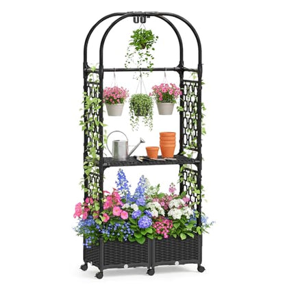 71"x16"x32" Planter Box with Trellis, 3-in-1 Self-Watering Planter Box with Wheels for Patio,Raised Garden Bed with Trellis, Drainage Holes & Metal Storage Rack for Vine Climbing Plants
