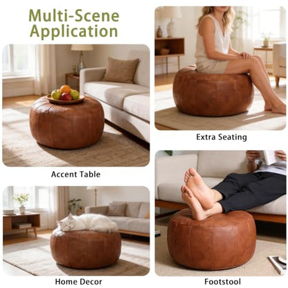 Thgonwid Unstuffed Moroccan Storage Pouf Foot Stool Ottoman Seat Handmade Faux Leather Bean Bag Floor Chair Foot Rest for Living Room, Bedroom or Balcony (Light Brown)