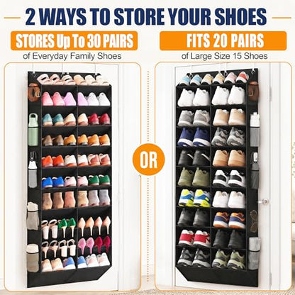 20-30 Pairs Over the Door Shoe Organizer with Side Mesh Pockets, 10-Tier Hanging Shoe Storage for Closet, Breathable Door Shoe Rack Holds Sneakers, Boots, Heels & Daily Essentials, Black