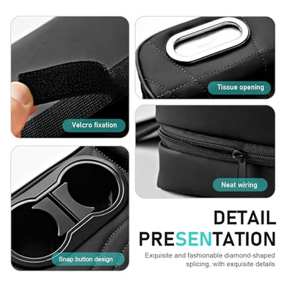 Car Center Console Cover, Microfiber Leather Car Armrest Cover, Multifunctional Armrest Storage Box with 2 Storage Bags, Cup Holders, Tissue Box Slot, Universal for Most Cars (Black)