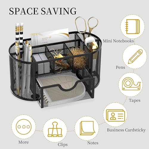 Mesh Desk Organizer with Drawer, 9-Compartment Pen Holder for Desk, Black | Pull-Out Drawer Stores Pens, Pencils, Clips, Notes, and Small Office or School Supplies in One Compact Desk Caddy
