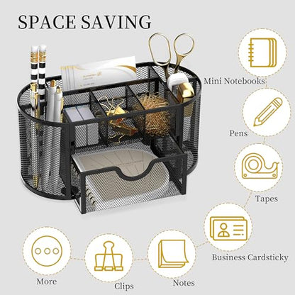 Mesh Desk Organizer with Drawer, 9-Compartment Pen Holder for Desk, Black | Pull-Out Drawer Stores Pens, Pencils, Clips, Notes, and Small Office or School Supplies in One Compact Desk Caddy
