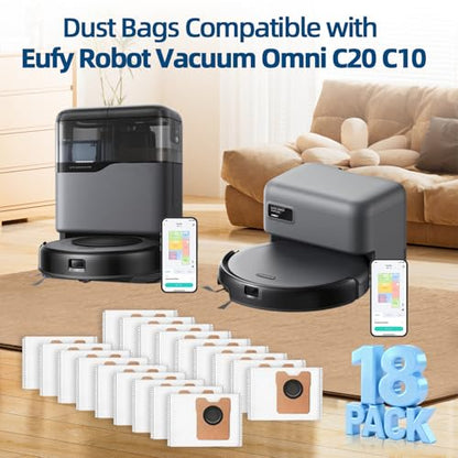 18 Pack Dust Bags for eufy Omni C10 C20 Robot Vacuum Replacement Bags | 3.6L large Capacity Disposable Bags, Multi-layer Filtration, Sealed Design Prevents Leaks for Convenient Garbage Collection