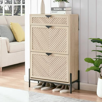 Shoe Cabinet with 2 Flip Drawers, Narrow Entryway Rack, Oak | Slanted Wood Grain, Freestanding, Adjustable Compartments, Removable Middle Shelf, Metal Handles, for Hallway Foyer Entrance