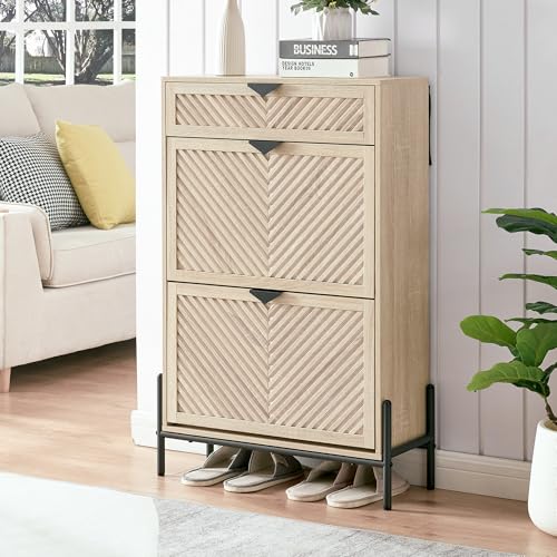 Shoe Cabinet with 2 Flip Drawers, Narrow Entryway Rack, Oak | Slanted Wood Grain, Freestanding, Adjustable Compartments, Removable Middle Shelf, Metal Handles, for Hallway Foyer Entrance