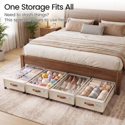 Yecaye Under Bed Storage with Wheels, 2 Pack Under Bed Storage Containers, 60L Underbed Shoe Storage with Clear Window & Label, Rolling Under Bed Metal Drawer for Clothes, Shoes, Books, Blankets