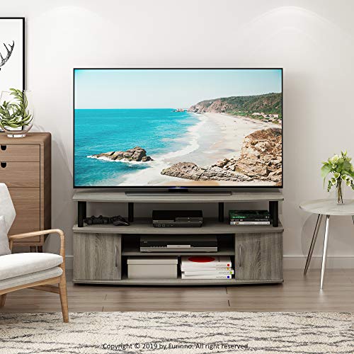 Furinno JAYA Large Entertainment Stand for TV Up to 55 Inch, French Oak Grey/Black | with Open Shelf, TV Console, for TV up to 55 Inch, 2 Doors and Cable Management Holes, for Living Room, Bedroom