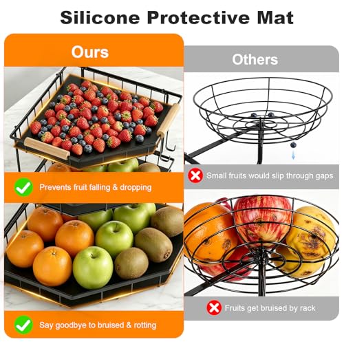 2 Tier Corner Fruit Basket for Kitchen Counter With 2 Banana Hangers | Space-Saving Corner Design, 2 Protective Mats,Wooden Handle,Fruit Holder For Fruit and Vegetable Storage,Counter Fruit Stand