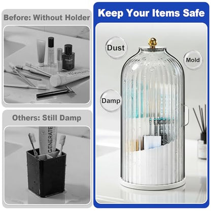 Dustproof Toothbrush Holders with Cover for Bathrooms, Rotating Covered Tooth Brush Holder for Bathroom Counter, Dust Proof Plastic Makeup Brush Holder Organizer with Sliding Lid for Vanity,Grey White