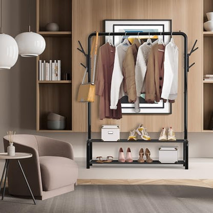 Simple Houseware 52" W Freestanding Closet Garment Rack with Shelves, Black | With 600D Fabric Shelves, Hanger Stoppers, and Hooks for Coat & Hat