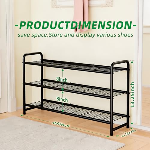 Ekisemio 3-Tier Long Metal Shoe Rack, Wide Stackable Shoe Organizer for Closet & Entryway, with Sturdy Wire Grid Storage Shelf for Bedroom, Black