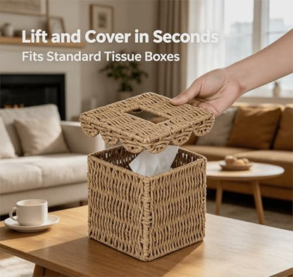 CubesLand Square Wicker Tissue Box Cover W/Scalloped Lid for Home Decor | Handwoven Rattan Facial Tissues Boxes Fits Living Room Table Decor, Rustic Farmhouse Boho Bathroom Decorative, Neutral