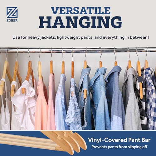 ZOBER High-Grade Wooden Hangers - Heavy Duty, Non Slip Wood Hangers for Coats, Jackets, Suits, & Pants - Clothes Hangers for Closet W/Bar and Notches 20 Pack