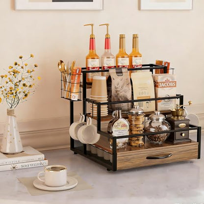 4 Tier Countertop Coffee Syrup Rack Organizer with 36 K Cup Storage | Wooden Sturdy and Space-Saving Coffee Bar Organizer with Drawer Condiment Storage Shelves for Kitchen Home Office Restaurant
