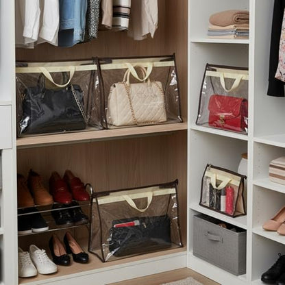 12 Pack Beige Handbag Purse Storage Organizer for Closet, 4 Sizes Clear Hanging Dust Bags Cover with Zipper and Handle, Closet Purse Protector Bags