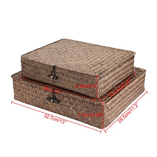 Hipiwe Set of 2 Flat Woven Wicker Storage Bins with Lid Seagrass Basket | Natural Decorative Baskets Multipurpose Home Boxes for Shelf Organizer Home Decor (Coffee)
