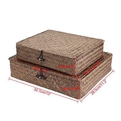 Hipiwe Set of 2 Flat Woven Wicker Storage Bins with Lid Seagrass Basket | Natural Decorative Baskets Multipurpose Home Boxes for Shelf Organizer Home Decor (Coffee)