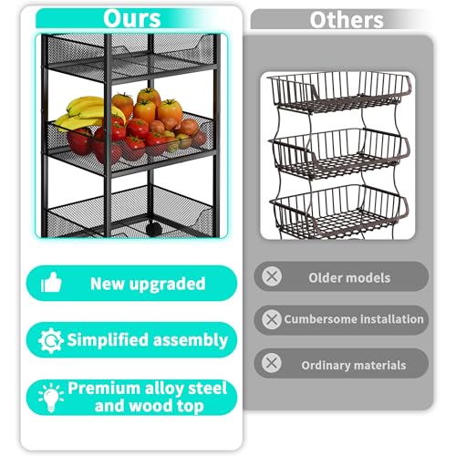 HapiRm Fruit Basket Kitchen Cart - 4-Tier Rolling Storage Cart with Wheels, Fruit Vegetable Basket with Wood Top, Pantry Utility Kitchen Organizer for Fruit Potato Onion Vegetable Bread Snack